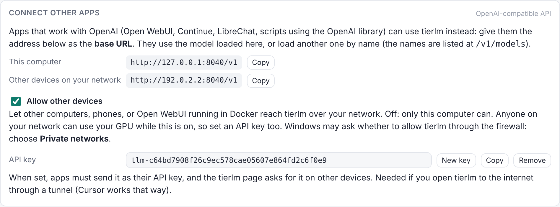 Screenshot of tierlm's Connect other apps card, with the API addresses for this computer and other devices, the Allow other devices switch turned on, and an API key.